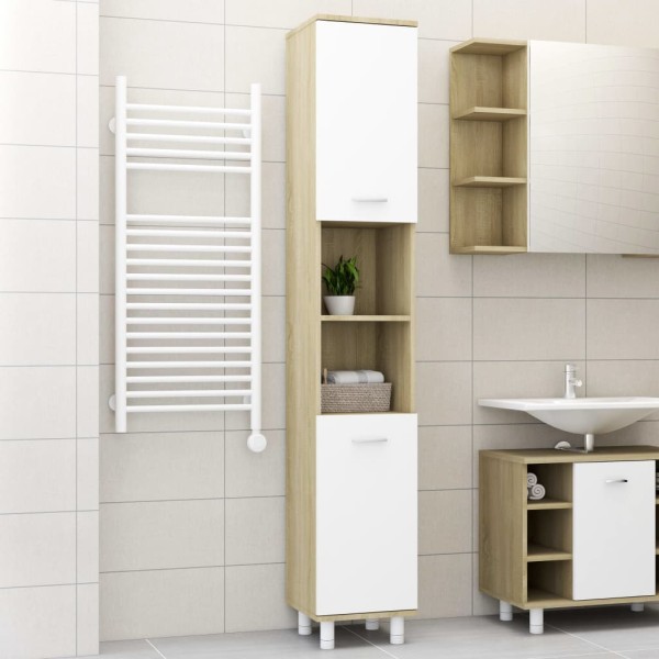 Armario de baño contrachapada blanco y roble 30x30x179 cm