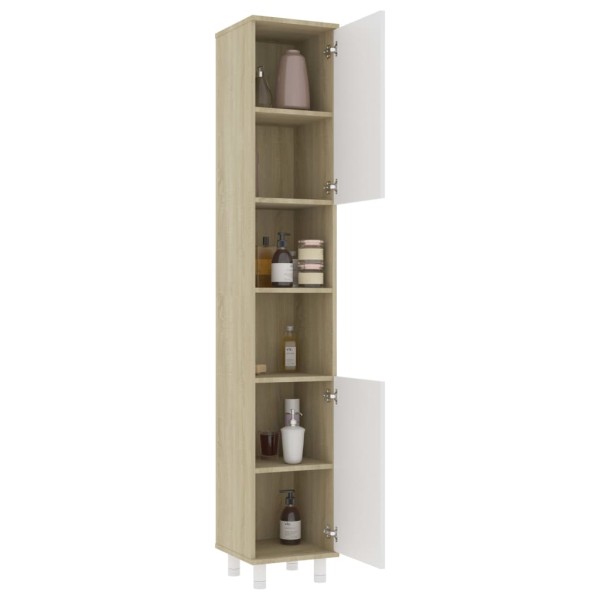Armario de baño contrachapada blanco y roble 30x30x179 cm