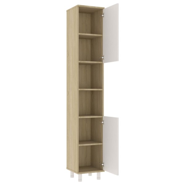 Armario de baño contrachapada blanco y roble 30x30x179 cm