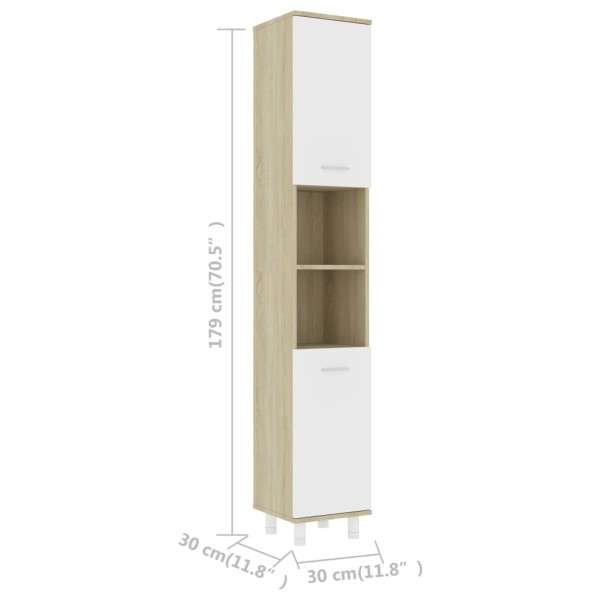 Armario de baño contrachapada blanco y roble 30x30x179 cm