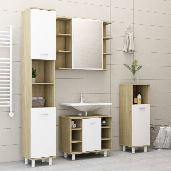 Armario de baño contrachapada blanco y roble 30x30x179 cm