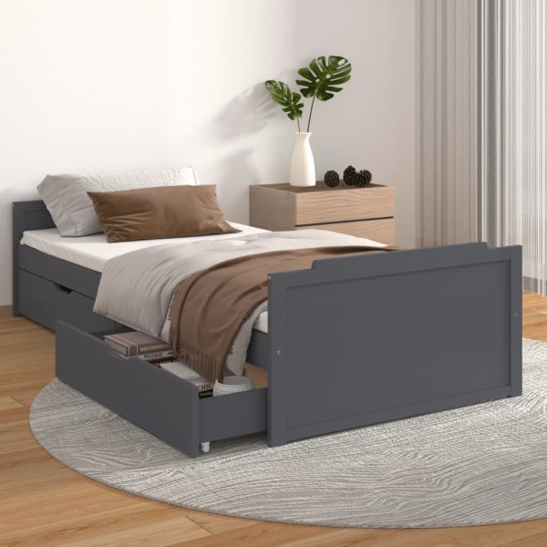 Estructura cama con cajones madera maciza de pino gris 90x200cm Estructura cama con cajones madera maciza de pino gris 90x200cm