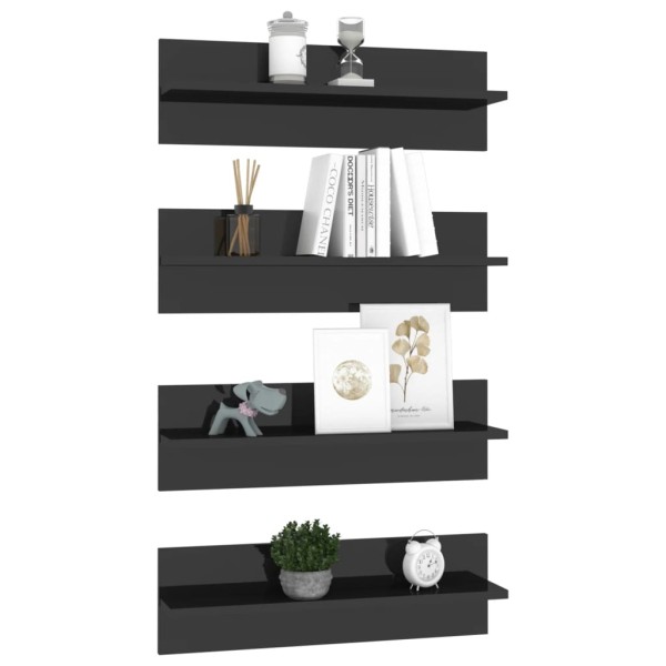 Estante de pared 4 uds contrachapado negro brillo 60x11,5x18 cm Estante de pared 4 uds contrachapado negro brillo 60x11,5x18 cm