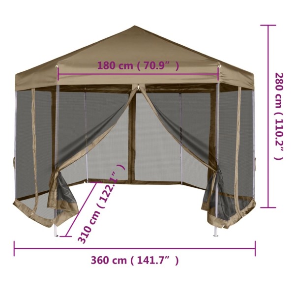Carpa desmontable hexagonal paredes gris taupe 3,6x3,1m 220g/m² Carpa desmontable hexagonal paredes gris taupe 3,6x3,1m 220g/m²