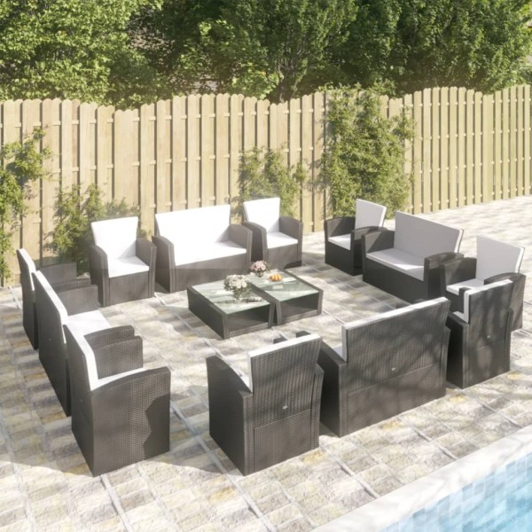 Set muebles de jardín 16 piezas y cojines ratán sintético negro Set muebles de jardín 16 piezas y cojines ratán sintético negro