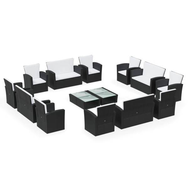 Set muebles de jardín 16 piezas y cojines ratán sintético negro Set muebles de jardín 16 piezas y cojines ratán sintético negro