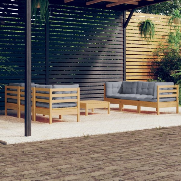 Juego de muebles de jardín 7 pzas y cojines madera de pino gris Juego de muebles de jardín 7 pzas y cojines madera de pino gris