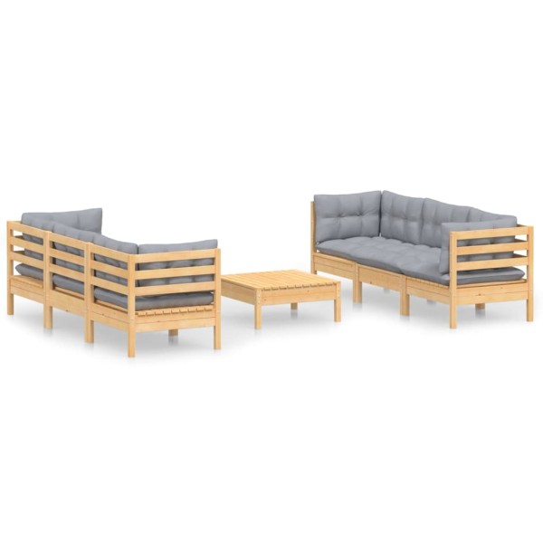 Juego de muebles de jardín 7 pzas y cojines madera de pino gris Juego de muebles de jardín 7 pzas y cojines madera de pino gris