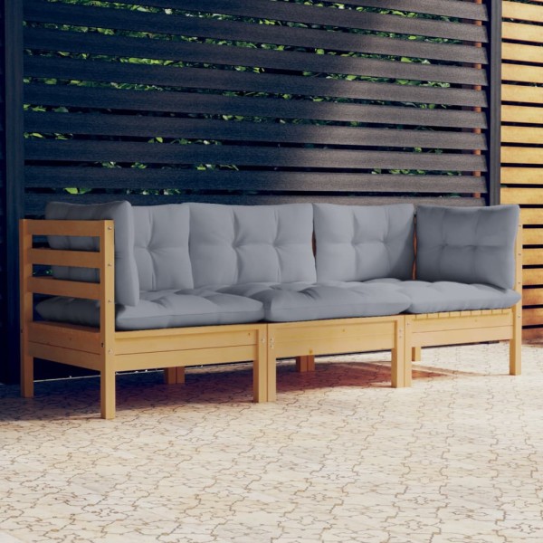 Sofá de jardín de 3 plazas con cojines madera maciza pino gris Sofá de jardín de 3 plazas con cojines madera maciza pino gris