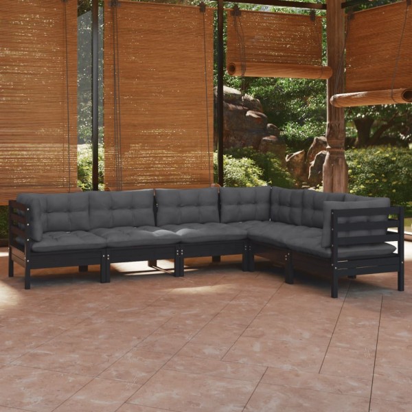 Muebles de jardín 6 pzas y cojines negro madera maciza de pino Muebles de jardín 6 pzas y cojines negro madera maciza de pino
