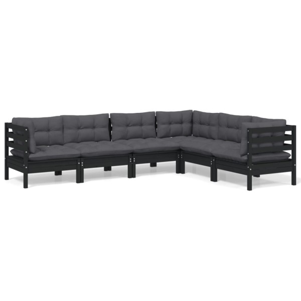 Muebles de jardín 6 pzas y cojines negro madera maciza de pino Muebles de jardín 6 pzas y cojines negro madera maciza de pino