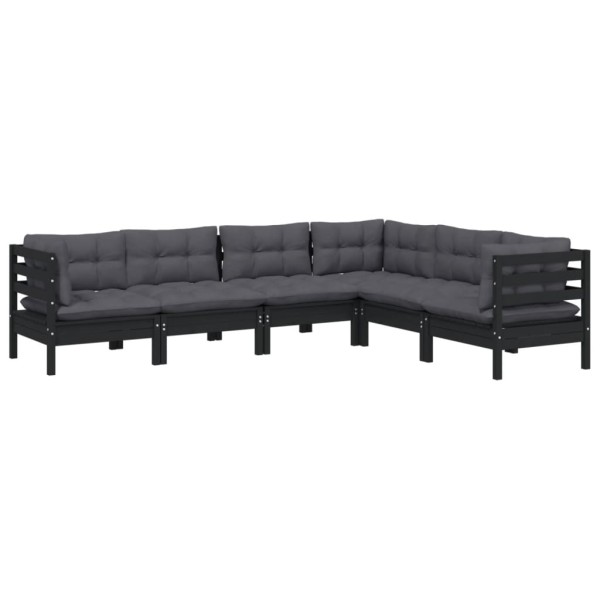 Muebles de jardín 6 pzas y cojines negro madera maciza de pino Muebles de jardín 6 pzas y cojines negro madera maciza de pino