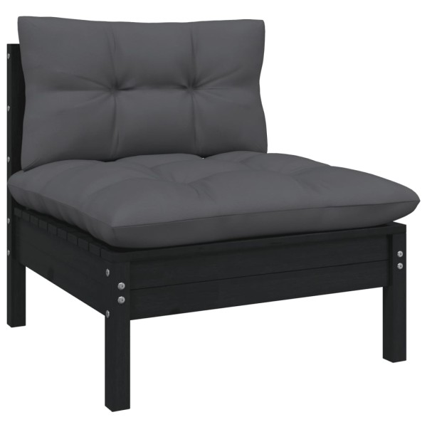 Muebles de jardín 6 pzas y cojines negro madera maciza de pino Muebles de jardín 6 pzas y cojines negro madera maciza de pino
