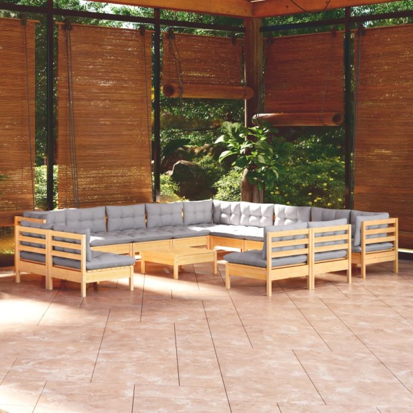 Muebles de jardín 14 pzas y cojines madera maciza de pino gris Muebles de jardín 14 pzas y cojines madera maciza de pino gris