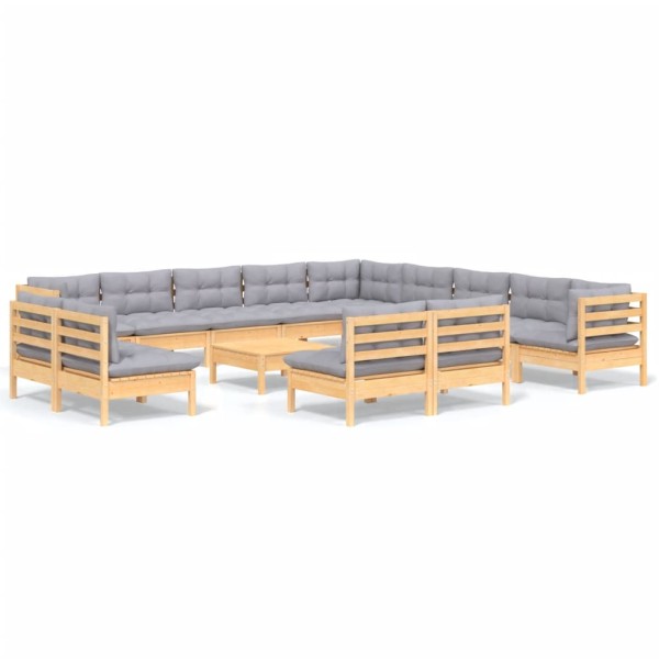 Muebles de jardín 14 pzas y cojines madera maciza de pino gris Muebles de jardín 14 pzas y cojines madera maciza de pino gris
