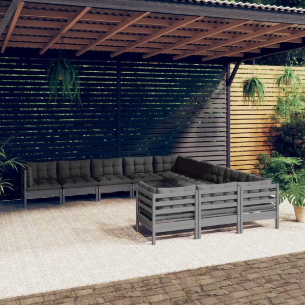Muebles de jardín 11 pzas y cojines gris madera de pino