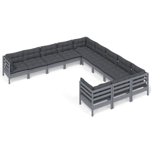 Muebles de jardín 11 pzas y cojines gris madera de pino
