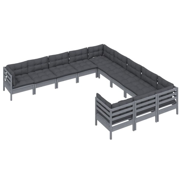 Muebles de jardín 11 pzas y cojines gris madera de pino