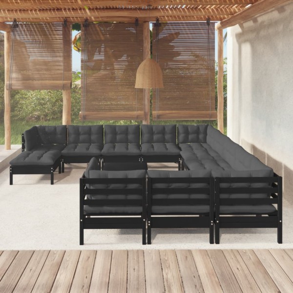 Muebles de jardín 13 pzas con cojines negro madera de pino Muebles de jardín 13 pzas con cojines negro madera de pino