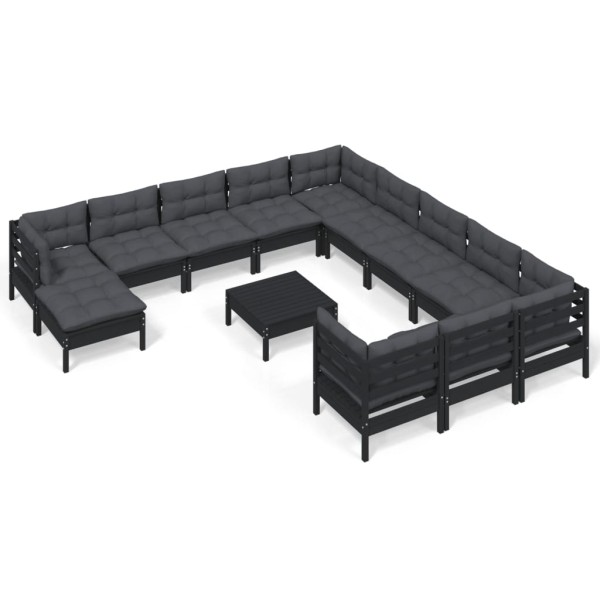 Muebles de jardín 13 pzas con cojines negro madera de pino Muebles de jardín 13 pzas con cojines negro madera de pino