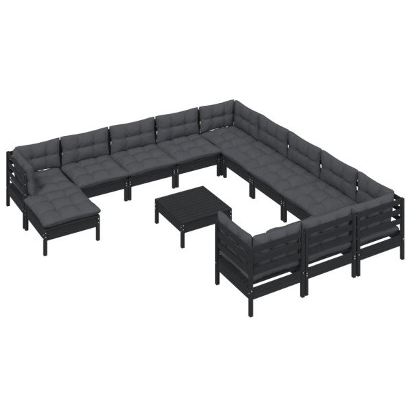 Muebles de jardín 13 pzas con cojines negro madera de pino Muebles de jardín 13 pzas con cojines negro madera de pino
