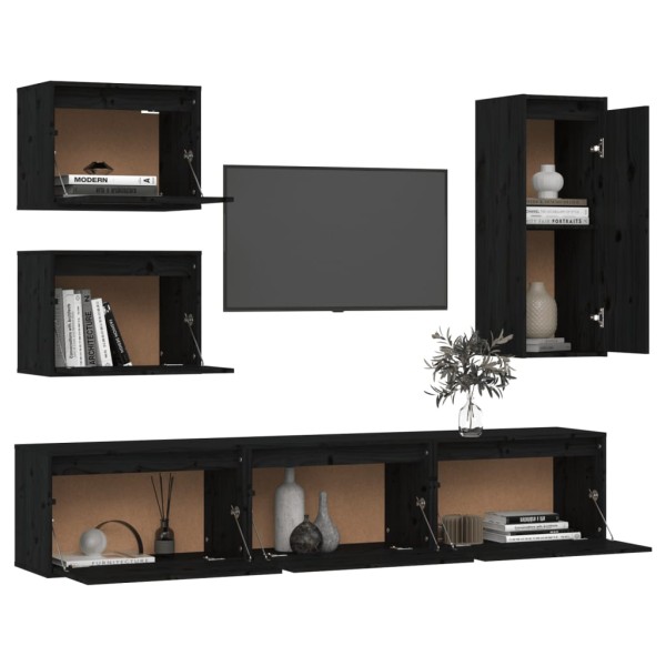 Muebles para TV 6 piezas madera maciza de pino negro Muebles para TV 6 piezas madera maciza de pino negro
