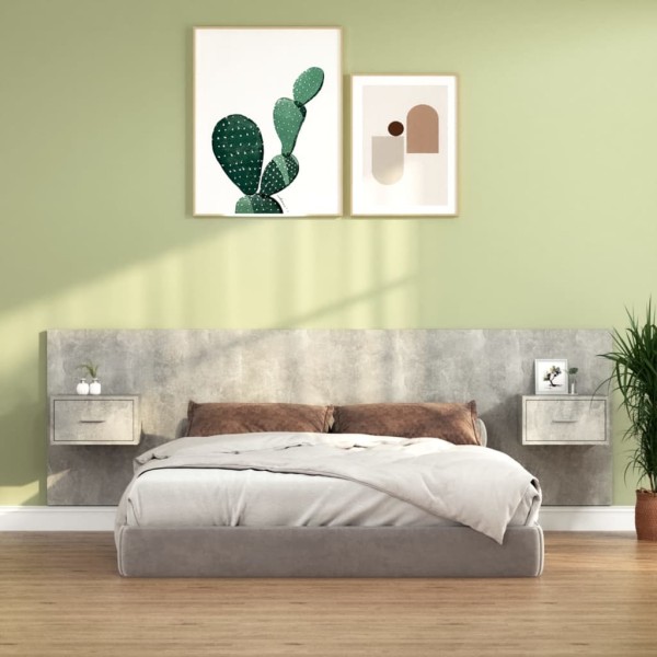 Cabecero de cama y mesitas madera contrachapada gris hormigón Cabecero de cama y mesitas madera contrachapada gris hormigón