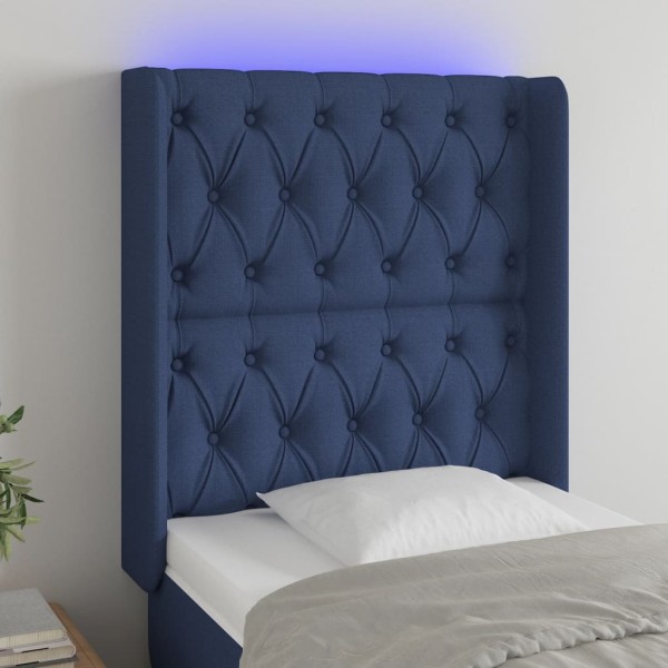 Cabecero con LED de tela azul 83x16x118/128 cm