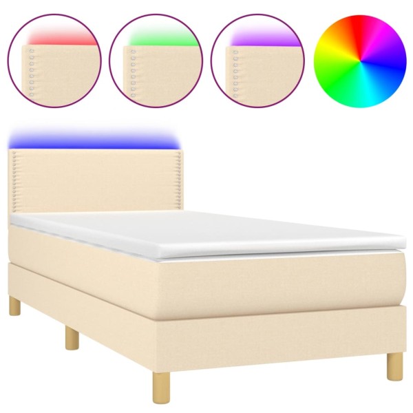 Cama box spring con colchón y LED tela crema 90x200 cm Cama box spring con colchón y LED tela crema 90x200 cm