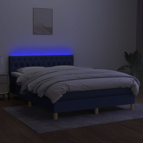 Cama box spring con colchón y LED tela azul 140x200 cm
