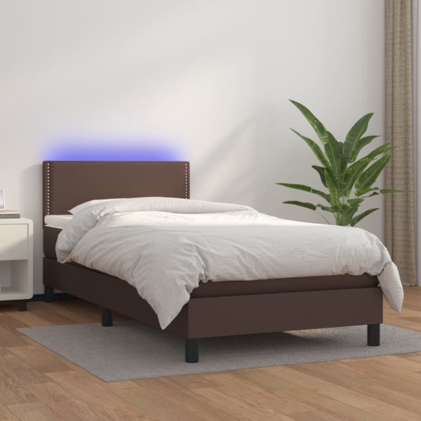 Cama box spring colchón y LED cuero sintético marrón 100x200 cm Cama box spring colchón y LED cuero sintético marrón 100x200 cm