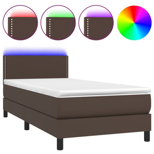 Cama box spring colchón y LED cuero sintético marrón 100x200 cm Cama box spring colchón y LED cuero sintético marrón 100x200 cm