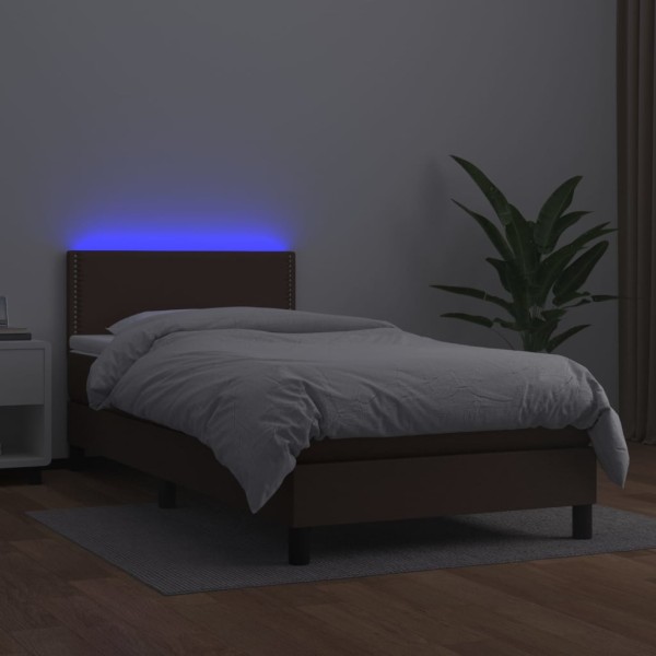 Cama box spring colchón y LED cuero sintético marrón 100x200 cm Cama box spring colchón y LED cuero sintético marrón 100x200 cm