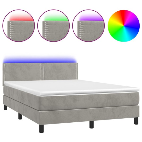 Cama box spring colchón y LED terciopelo gris claro 140x200 cm Cama box spring colchón y LED terciopelo gris claro 140x200 cm