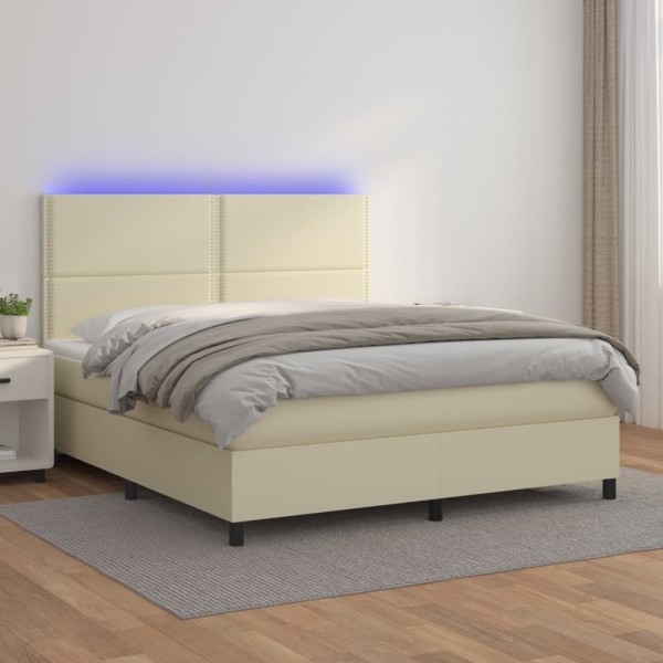 Cama box spring colchón y LED cuero sintético crema 160x200 cm Cama box spring colchón y LED cuero sintético crema 160x200 cm
