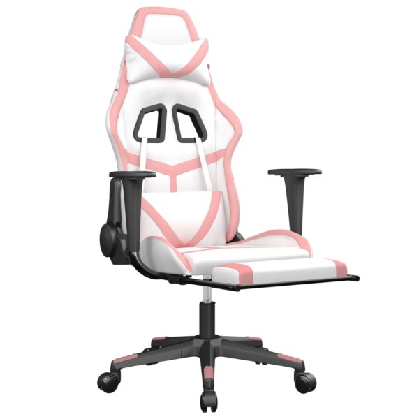 Silla gaming con reposapiés cuero sintético blanco y rosa Silla gaming con reposapiés cuero sintético blanco y rosa