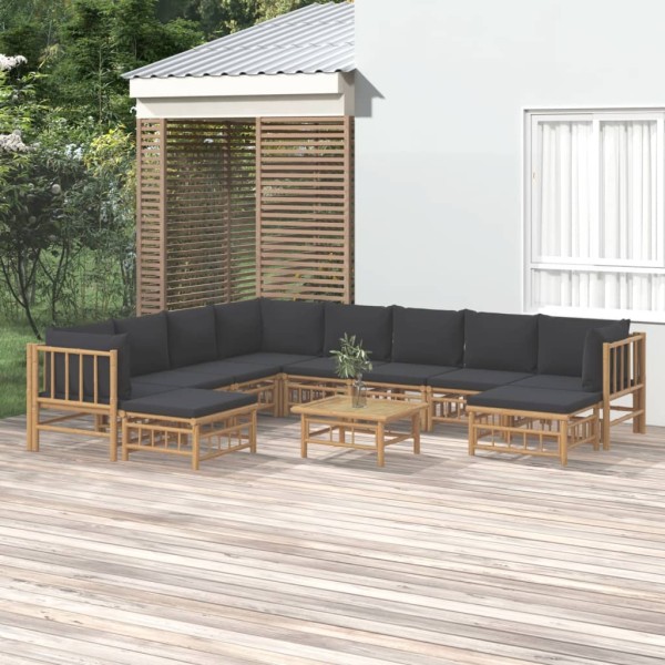 Set de muebles de jardín 11 pzas bambú con cojines gris oscuro Set de muebles de jardín 11 pzas bambú con cojines gris oscuro