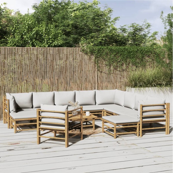 Set de muebles de jardín 12 piezas bambú y cojines gris claro Set de muebles de jardín 12 piezas bambú y cojines gris claro