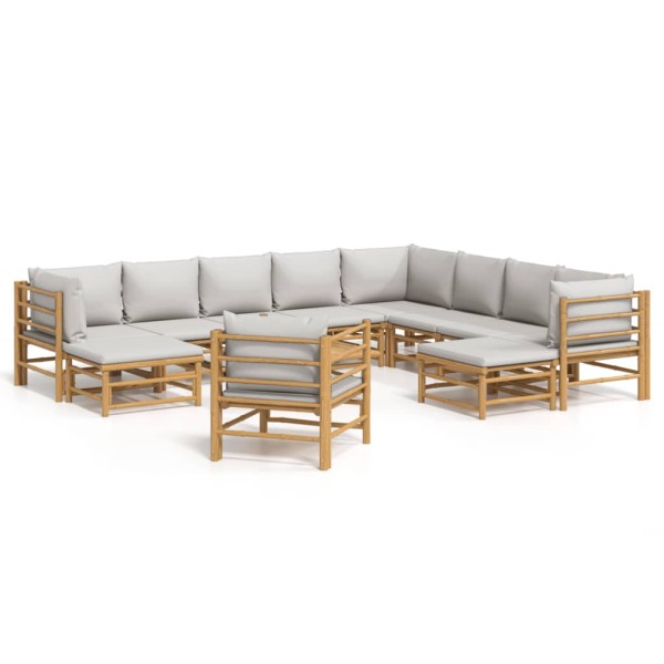 Set de muebles de jardín 12 piezas bambú y cojines gris claro Set de muebles de jardín 12 piezas bambú y cojines gris claro