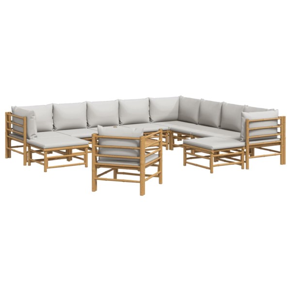 Set de muebles de jardín 12 piezas bambú y cojines gris claro Set de muebles de jardín 12 piezas bambú y cojines gris claro
