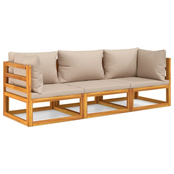 Set muebles de jardín 3 pzas madera maciza y cojines gris taupé