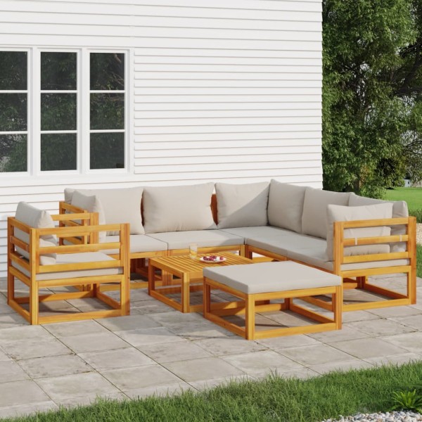 Set muebles de jardín 8 pzas madera maciza y cojines gris claro Set muebles de jardín 8 pzas madera maciza y cojines gris claro