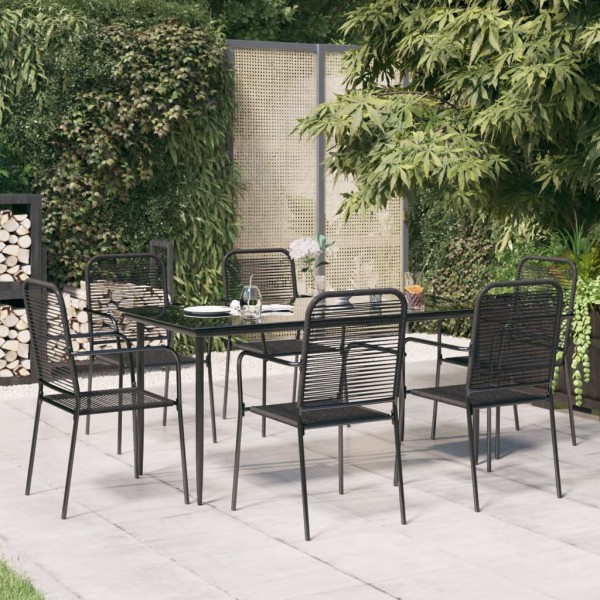 Juego de comedor jardín 7 pzas acero y cuerda de algodón negro Juego de comedor jardín 7 pzas acero y cuerda de algodón negro