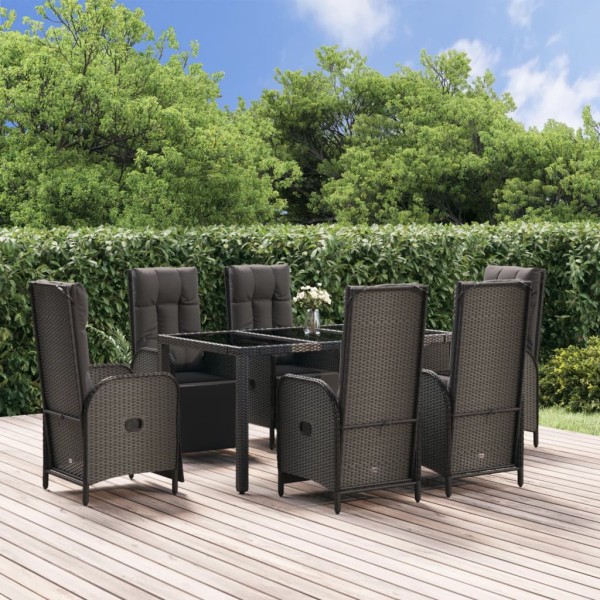 Set comedor jardín 7 pzas y cojines ratán sintético negro gris