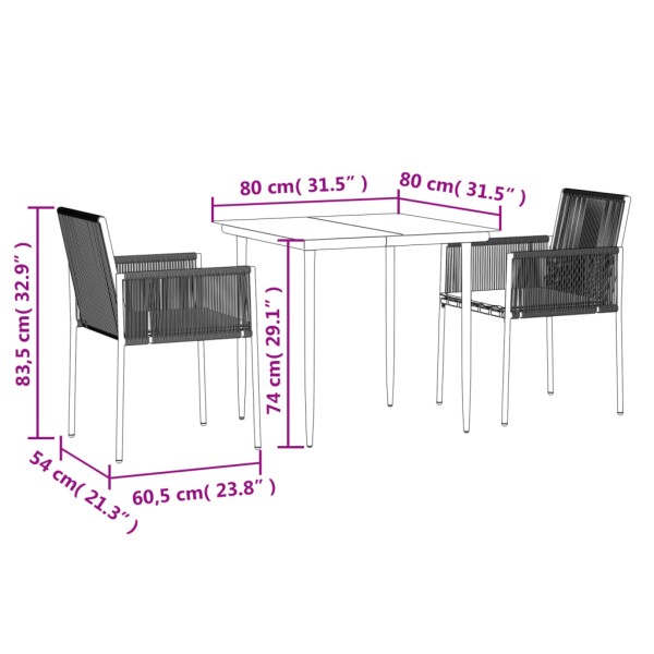 Set comedor jardín 3 pzas y cojines acero ratán sintético negro Set comedor jardín 3 pzas y cojines acero ratán sintético negro