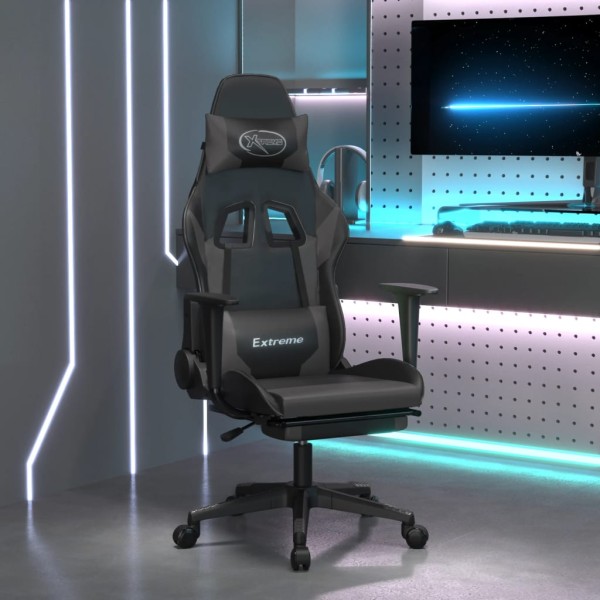 Silla gaming con reposapiés cuero sintético negro gris Silla gaming con reposapiés cuero sintético negro gris