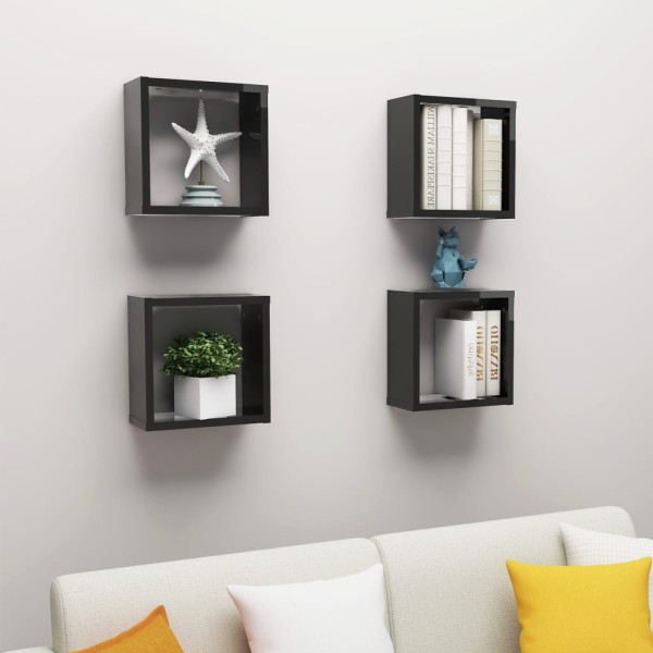 Estantes cubo de pared 4 unidades negro brillo 30x15x30 cm Estantes cubo de pared 4 unidades negro brillo 30x15x30 cm