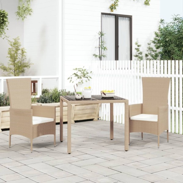 Mesa de jardín ratán beige y superficie de vidrio templado Mesa de jardín ratán beige y superficie de vidrio templado