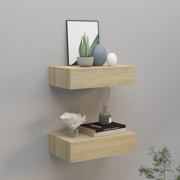 Estantes de pared con cajón 2 uds MDF roble 40x23,5x10 cm Estantes de pared con cajón 2 uds MDF roble 40x23,5x10 cm