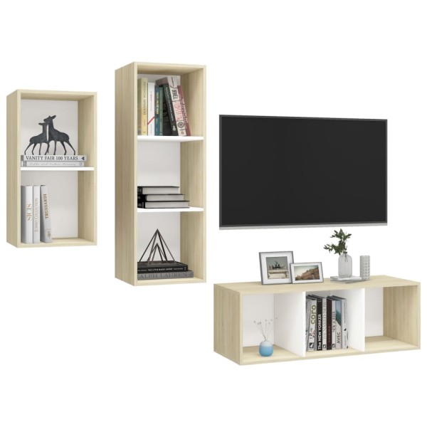 Muebles de salón 3 pzas madera ingeniería blanco y roble Sonoma Muebles de salón 3 pzas madera ingeniería blanco y roble Sonoma